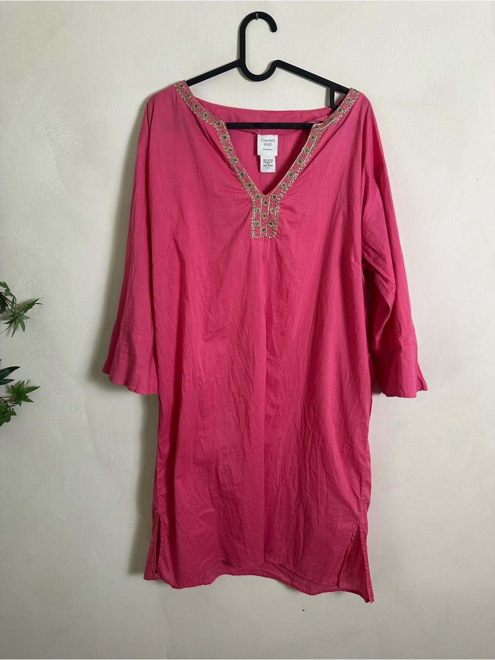 Garnet Hill Sleepwear Hot Pink Embellished V-Neck Cotton